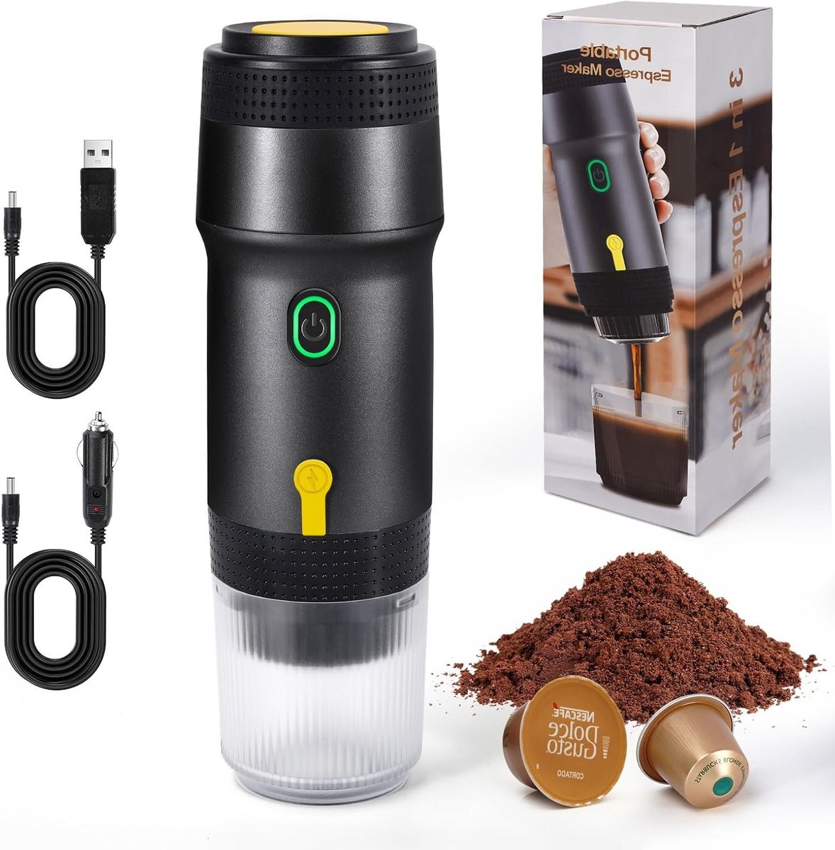 Draagbare Mini Koffiemaker voor Capsules en Koffiepoeder Elektrische Espresso Machine met Snelle Verwarming voor Auto en Buitenactiviteiten Zwart