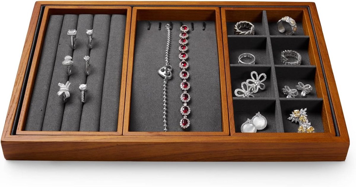 Stapelen houten sieraden tray, 4 in 1, organizer voor sieraden, ringen, oorbellen, armbanden en kettingen, grijs