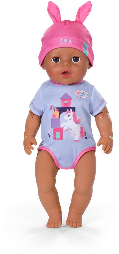 BABY born pop Eva in blauw romper met eenhoornprint en roze konijnenmuts.