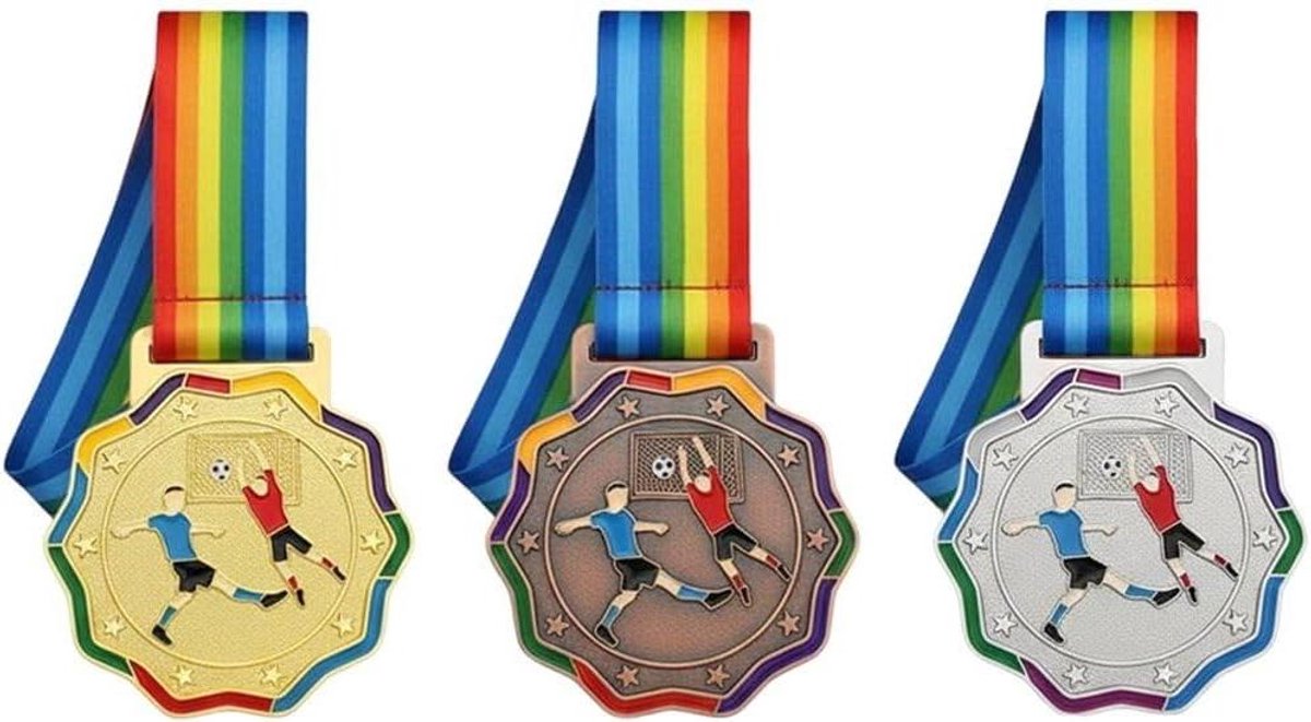 Voetbalmedailles Set - Sportmedailles Prijzen - Sportwedstrijden Belonen - Duurzame Legering Glanzend - 65 cm Diameter - Goud Zilver Brons