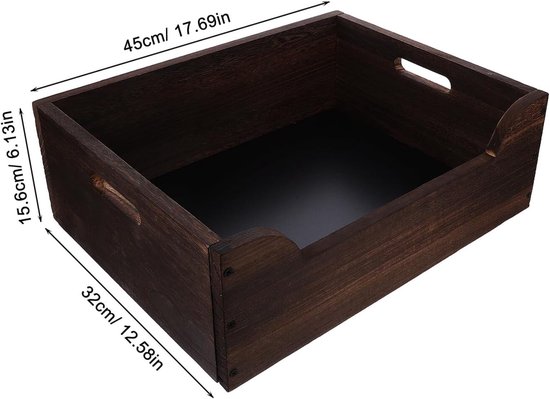 Donkerbruine houten opbergkist van 45x32x15,6cm met handgrepen.