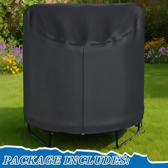 Zwarte trampolinehoes met rits op een gazon met bloemen.