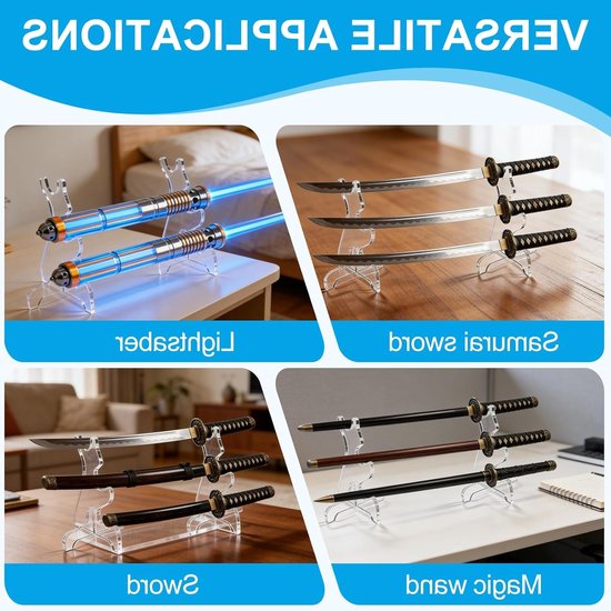 Katana houder voor zwaarden - 3-voudige displaystandaard voor lightsabers en samurai zwaarden - Eenvoudige installatie, acrylstandaard, 1 paar (transparant) — afbeelding 4