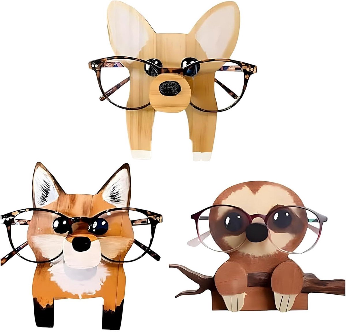 Houten brilstandaard - Dierenhouder bril - Bril georganiseerd houden - Handgesneden dennenhout - 3-pack - Meerkleurig