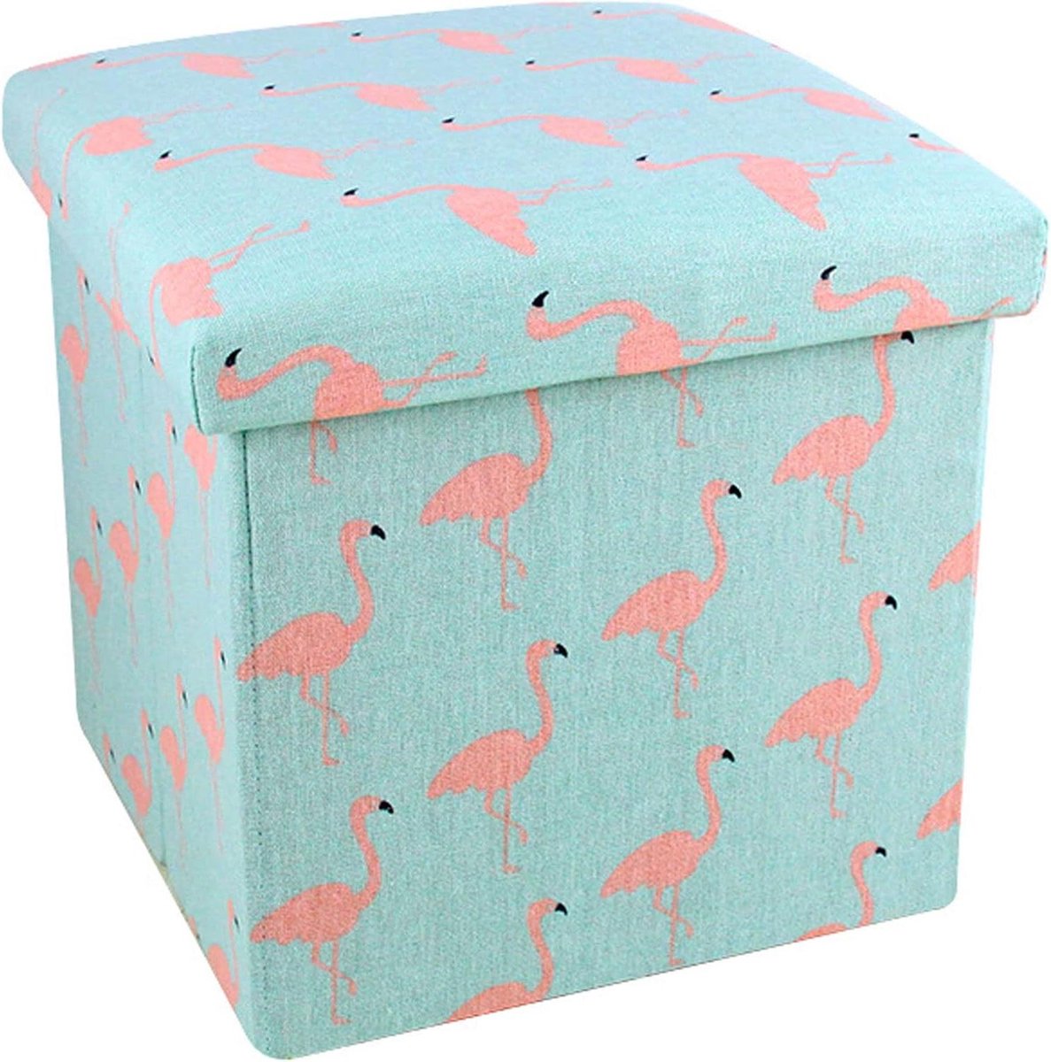 Opvouwbare poef - Opbergkruk voetenbank - Extra zitplaats - Met verborgen opbergruimte - 30 x 30 x 30 cm - flamingo