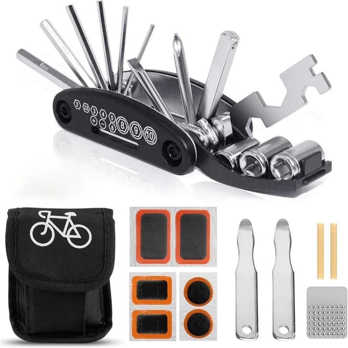 Fietsreparatieset - Multitool Fiets - Onderweg Repareren - 16-delige Set - Compact Ontwerp - Zwart