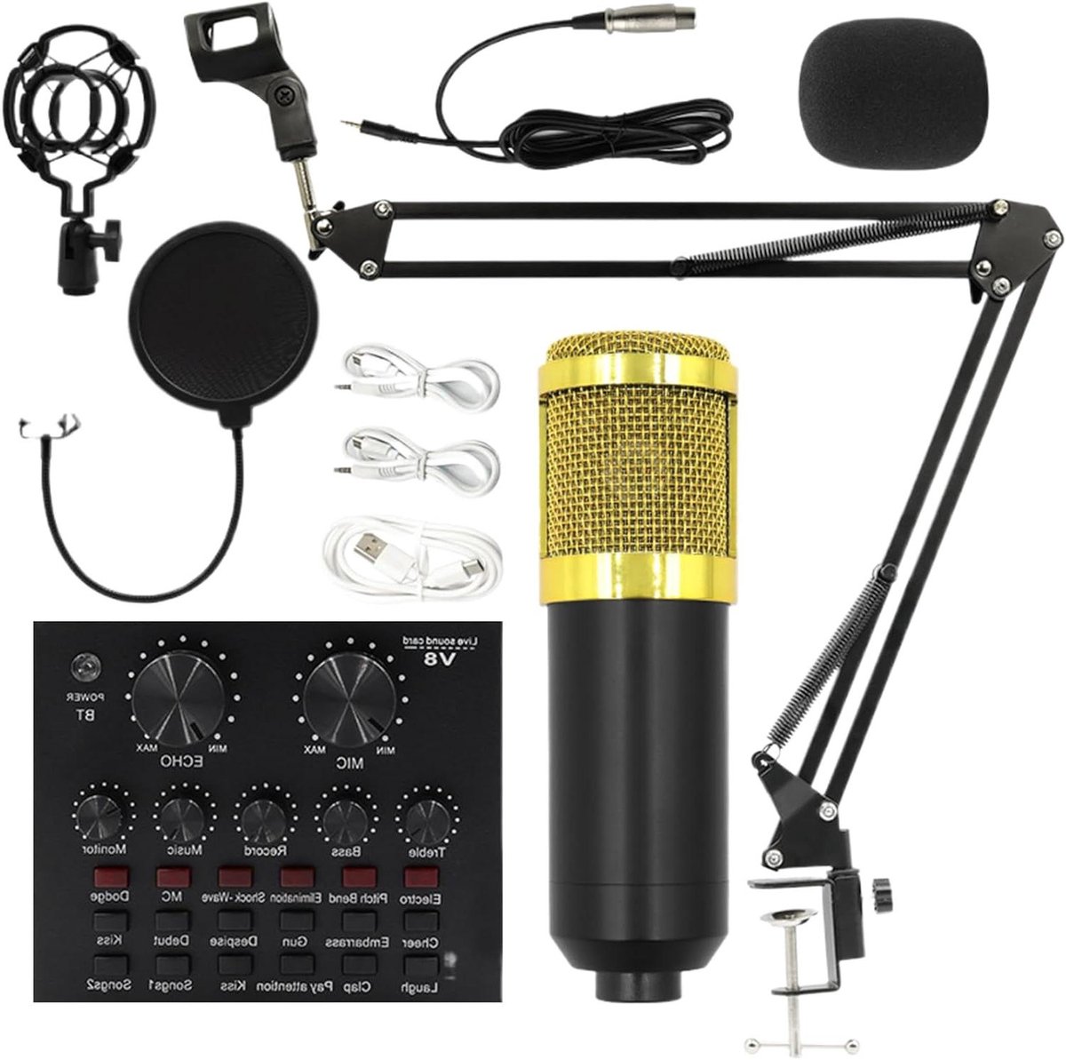Microfoon Set - Opname Apparatuur - Livestreaming Opnemen - Cardioïde Richting - 46 cm Pakket - Goud Zwart