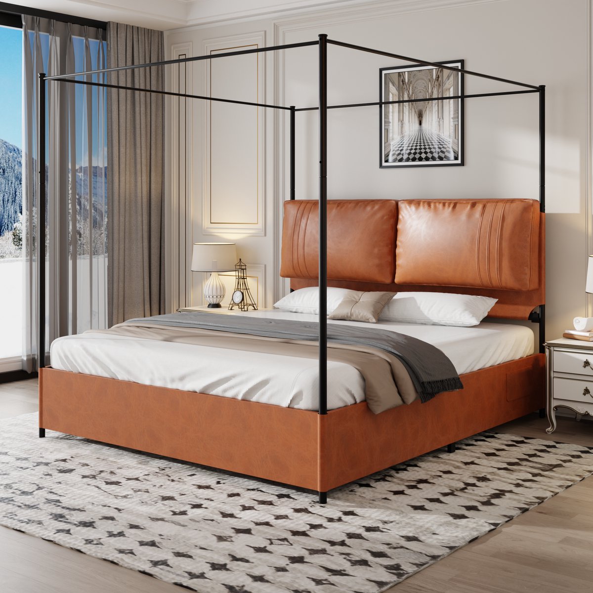 Merax Luxe Tweepersoonsbed met Baldakijn 180x200 cm – Metalen Bedframe met PU Lederen Kussens en 4 Afneembare Multifunctionele Panelen – Bruin
