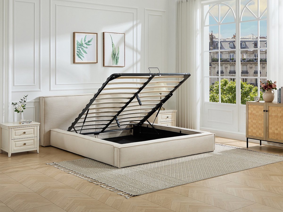 Vente-unique Bed met opbergruimte fluweel beige 160 x 200 cm