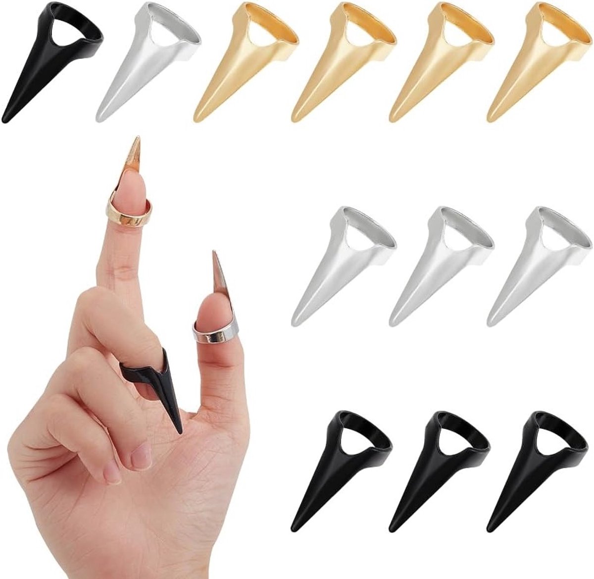 15 Stuks Vingerklauwen in 3 Kleuren, Metalen Fingernail Tip Ringen voor Cosplay, Nail Art en Feestdagen zoals Halloween, Licht Goud, Platina en Zwart