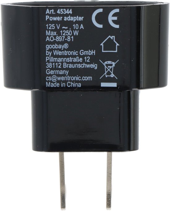 Zwarte Goobay reisadapter met tekst: 'Art. 45344 Power adapter 125 V ~, 10 A Max. 1250 W AO-897-81', CE-markering, huis- en recyclinglogo's.