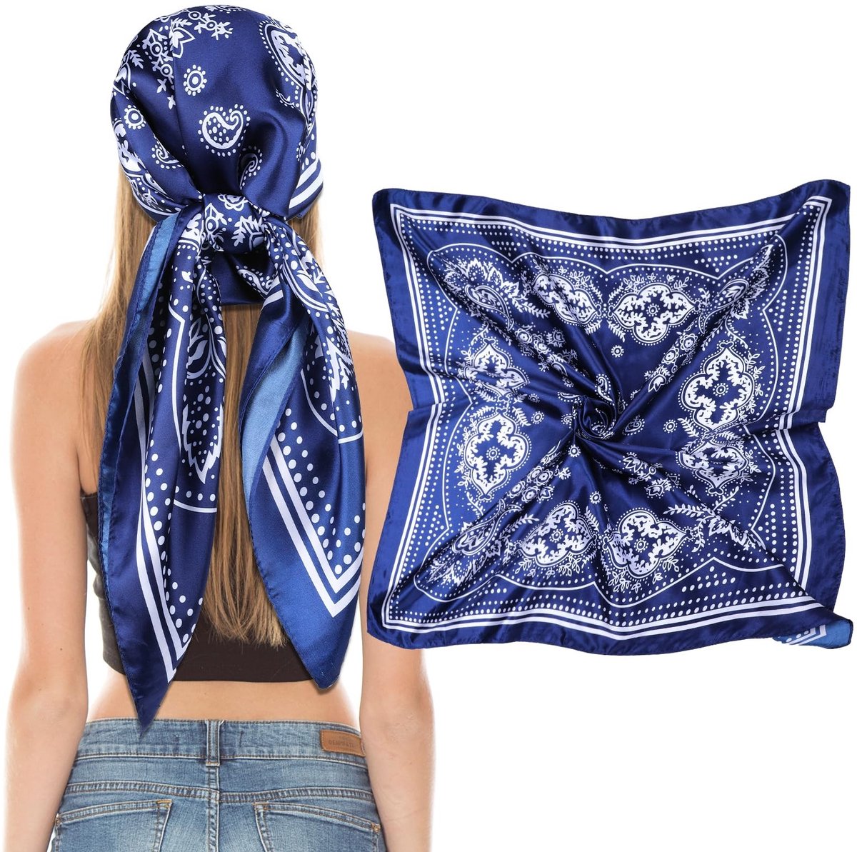 aladdien - Dames Satin Hoofddoek - 90x90 cm - Navy/Camel - Vierkante Sjaal - Stijlvol - Modeaccessoire - Geschikt voor Dames