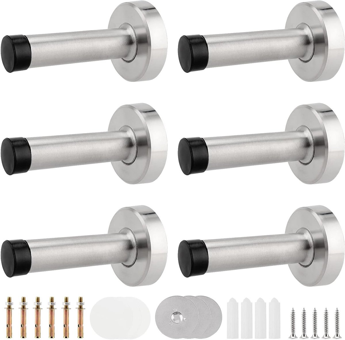 Set van 6 RVS Deurstoppers van 80mm met Rubber Tips en Bevestigingsmateriaal voor Thuis en Kantoor, Wandgemonteerde Wedge Deurstoppers in Zilver