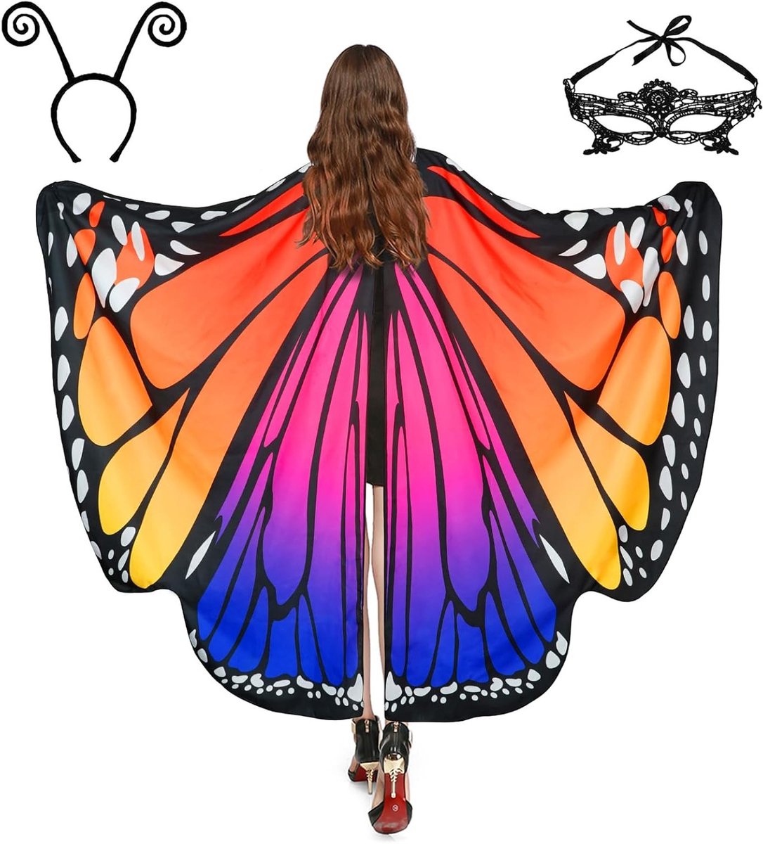 Vrouwelijk Vlinder Kostuum met Vleugels en Poncho voor Halloween, Carnaval en Cosplay (168 x 135 cm)