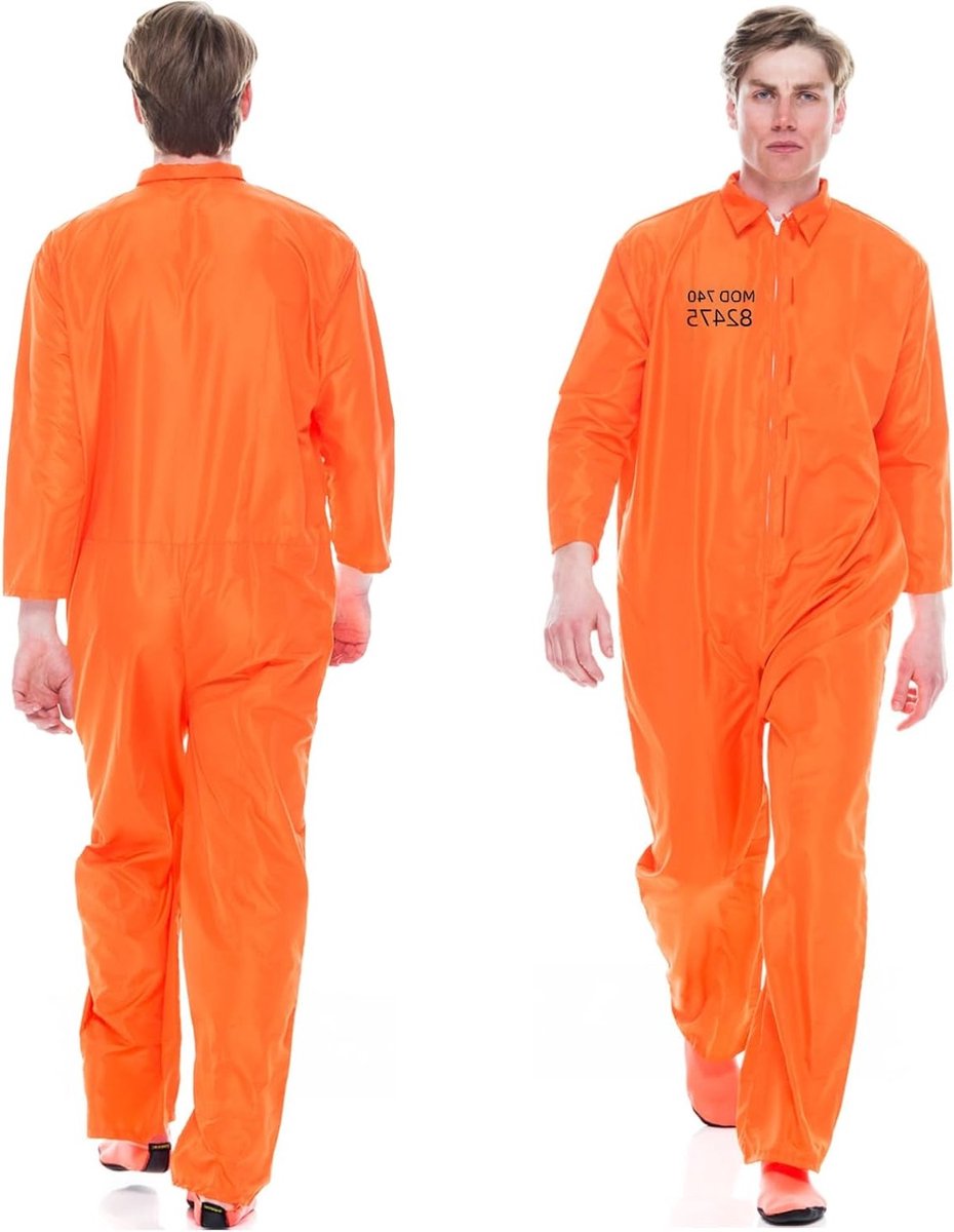 Oranje gevangeniskostuum voor volwassenen, inclusief overall en accessoires voor themafeesten en Halloween