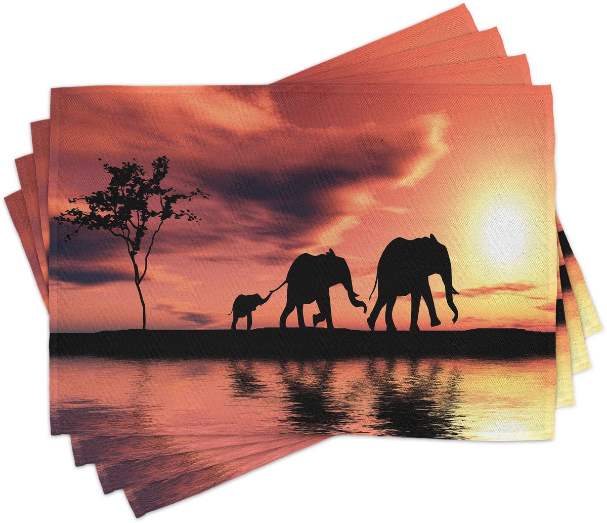 ABAKUHAUS olifantenplacemats, safari wilde dieren, wasbare stof eetkamerkeukentafeldecoratie digitale print, zalm zwart
