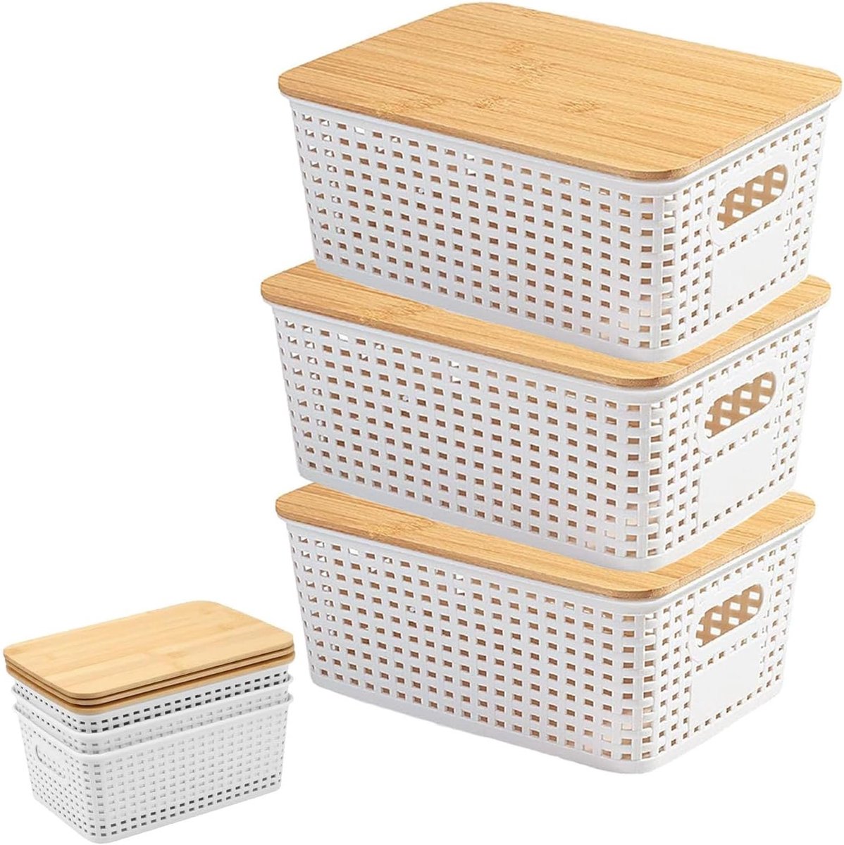 Bamboe Deksel Opbergdozen, Plastic Organizer voor Badkamer, Stapelbare Opbergmanden voor Keuken en Slaapkamer, 3 Stuks, Wit