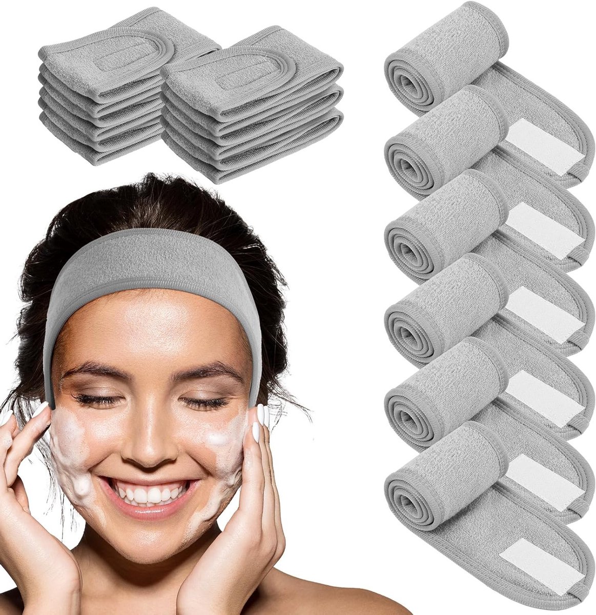 Zesdelige Spa Haarband met Verstelbare Klittenbandsluiting voor Make-up, Huidverzorging en Sportactiviteiten (Grijs)