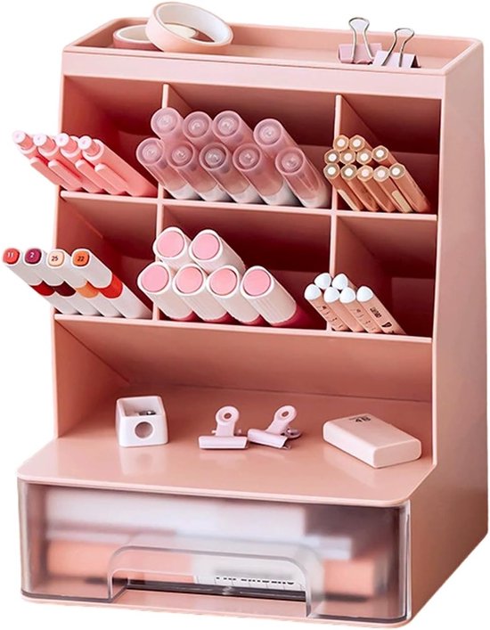 Multifunctionele Penhouder Organiser met 6 Compartimenten en Lade voor Kantoor en Thuisgebruik, Ideaal voor Pennen, Kantoorbenodigdheden en Cosmetica (Roze)