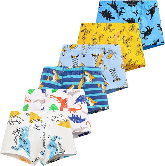 Zes katoenen boxershorts met dinosaurussen en auto's in geel, blauw en wit.