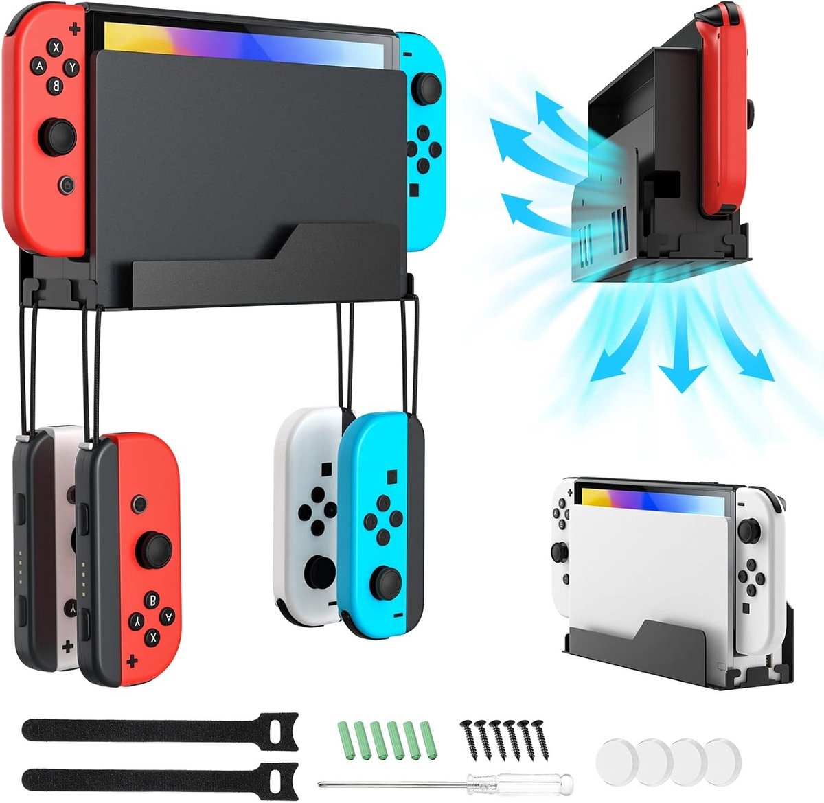 Wandhouder voor Nintendo Switch en Switch OLED, metalen design met 4 Joy-Con haken, optimale warmteafvoer en handige opslag achter de tv, zwart