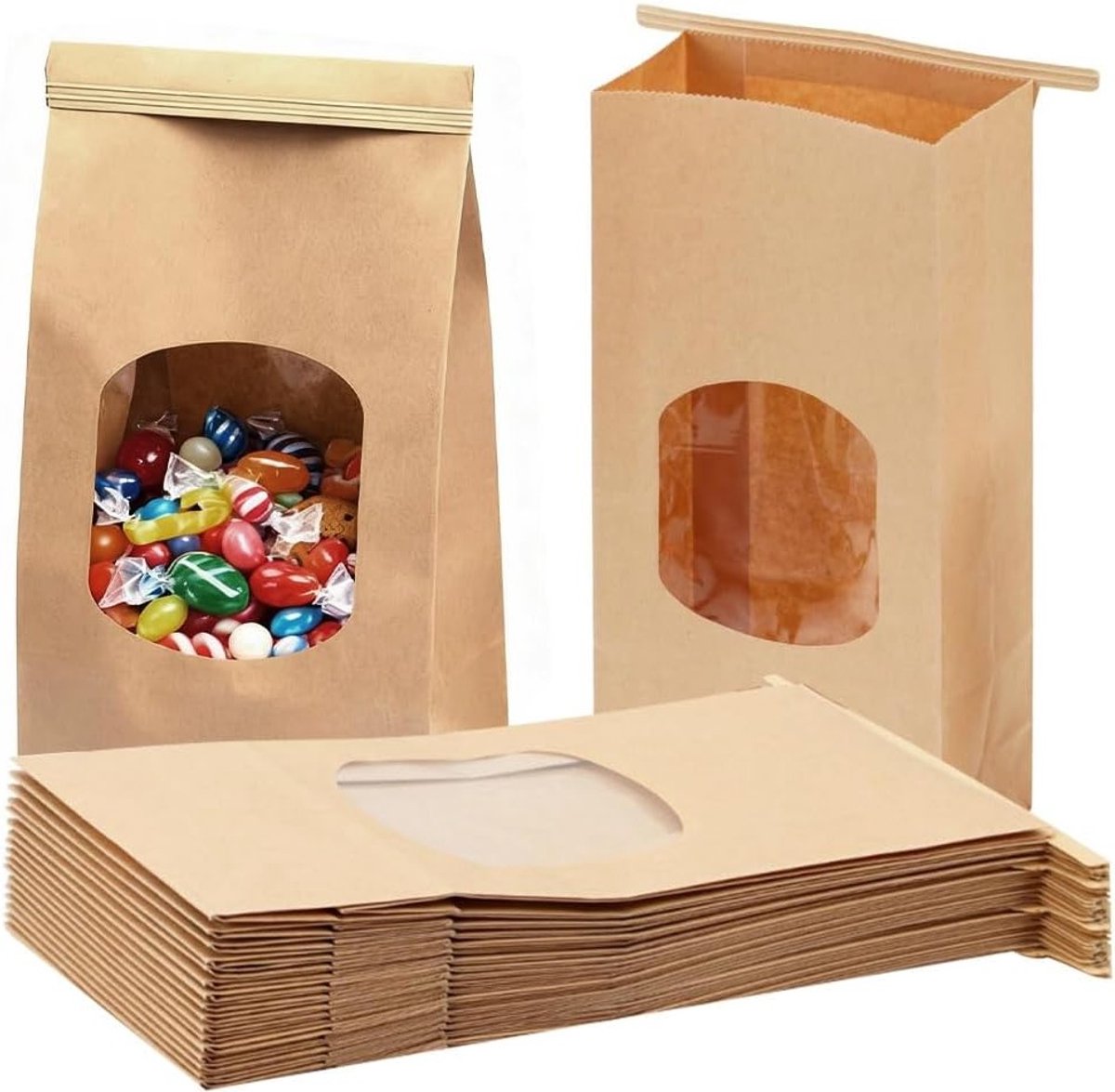 Kraft Papieren Tassen met Venster (25 Stuks), Oliebestendig en Herbruikbaar, Perfect voor Cadeaus en Opslag van Voedsel