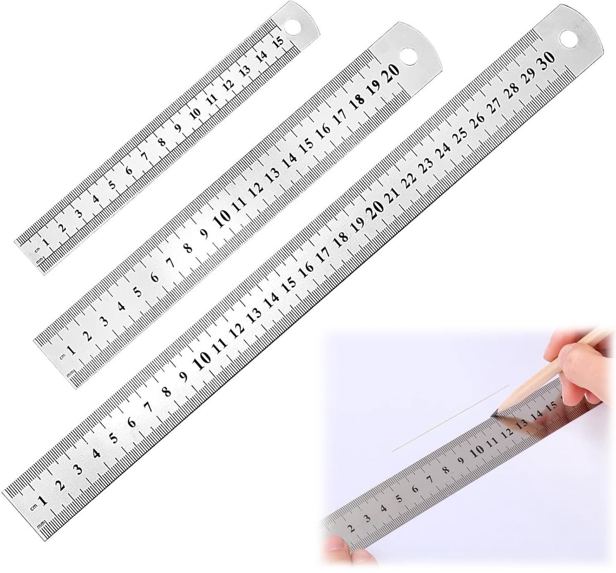 Set van 3 RVS Linialen 15 cm, 20 cm en 30 cm - Dubbelzijdige Schaal, Perfect voor School en Kantoor