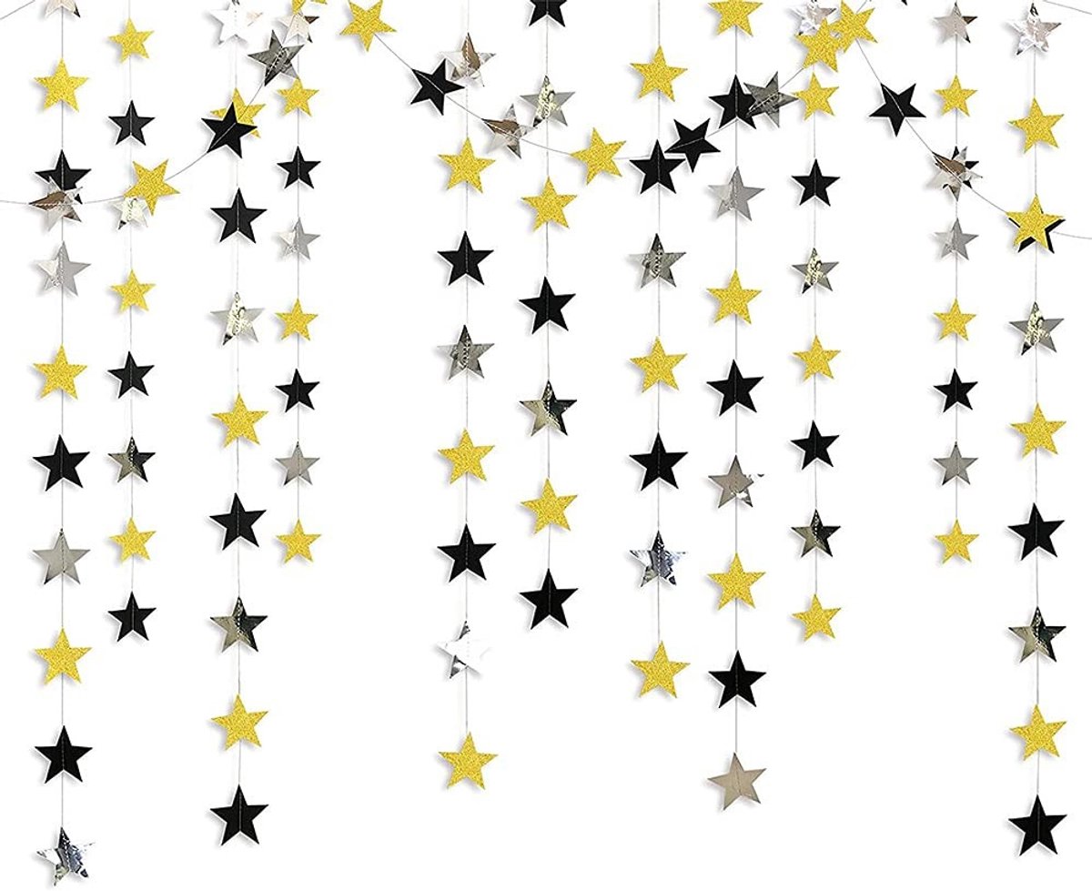SPHProducts - Glitterende Sterren Garland - Feestdecoratie - 5 Stuks - 4m - Goud Zilver en Zwart - Decoratieve Versiering - Geschikt voor Feesten - Kl