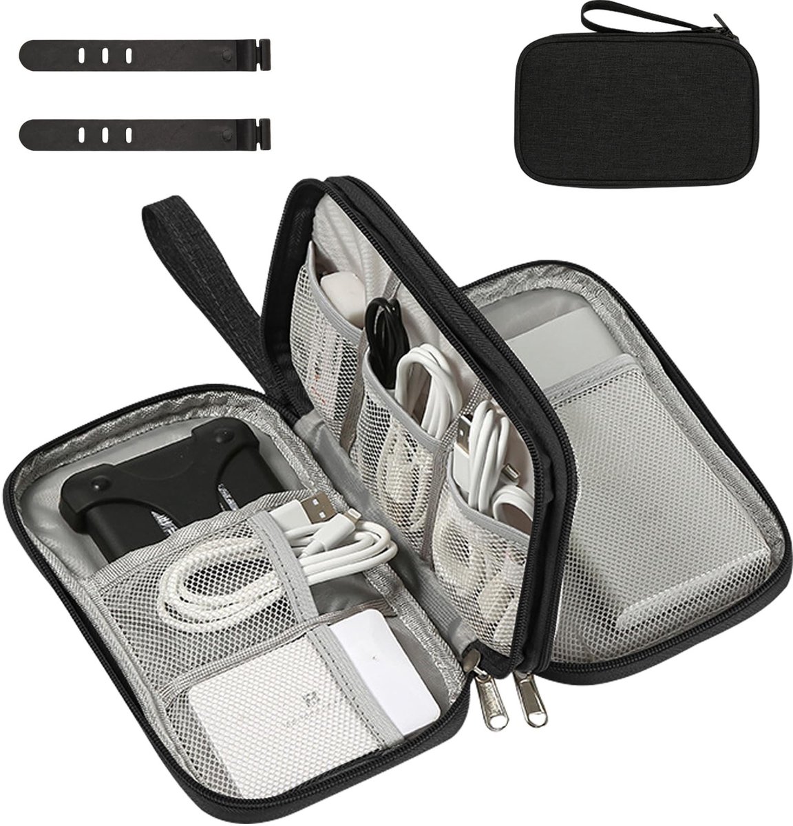 Allecto - Kabeltas - Kabelorganizer - Dubbellaags reis-elektronica - Zwart - USB-oplaadkabel - Accessoiretas - Geschikt voor uniseks-volwassene - 2..