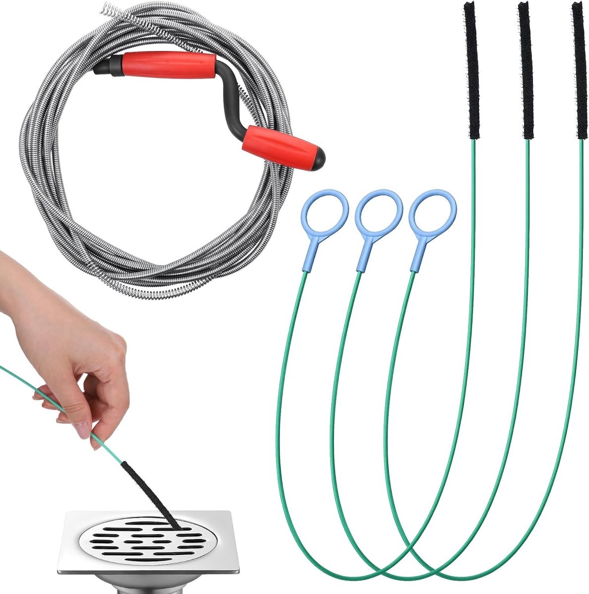 Set van 4 Afvoerreinigers, 3 x 130 cm, Professionele Afvoerreiniger voor Keuken en Badkamer, Ideaal voor het Verwijderen van Haar en Afval, Inclusief 5 m Loodgietersprobe