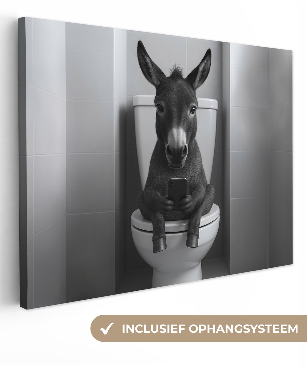 Canvas schilderij 160x120 cm - Exclusieve wanddecoratie Ezel - Telefoon - Toilet - Zwart -
