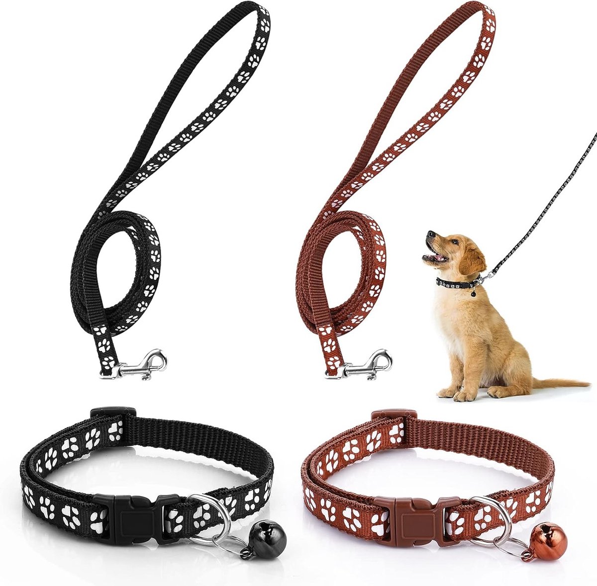 Verstelbare Hondenhalsband en Leash Set voor Kleine Honden en Katten, Inclusief Snelsluiting en Comfortabele Pasvorm (Zwart+Bruin)