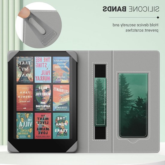 Universele Hoes voor 6.8 en 7 Inch eReaders en Tablets, Geschikt voor Kindle Paperwhite, Kobo Libra en Boox, Lichtgewicht Folio Beschermhoes met Handriem en Kickstand, Groene Bosprint van Merkloos — afbeelding 2