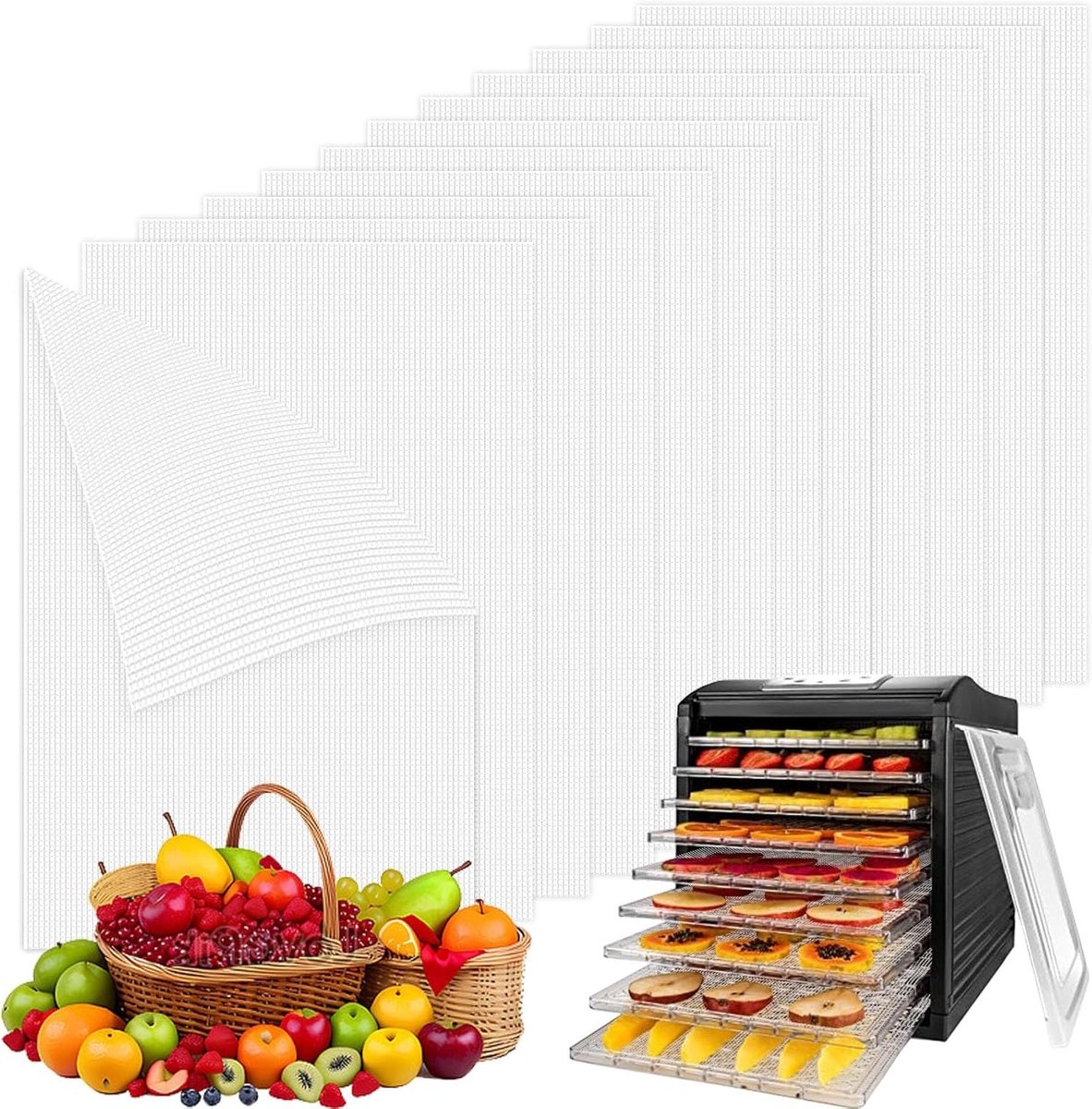 12 Stuks Herbruikbare Siliconen Droogbladen 38.5x28.5cm voor Fruitdehydrator, Antiaanbakfolie en Stoommatten voor Droogproces