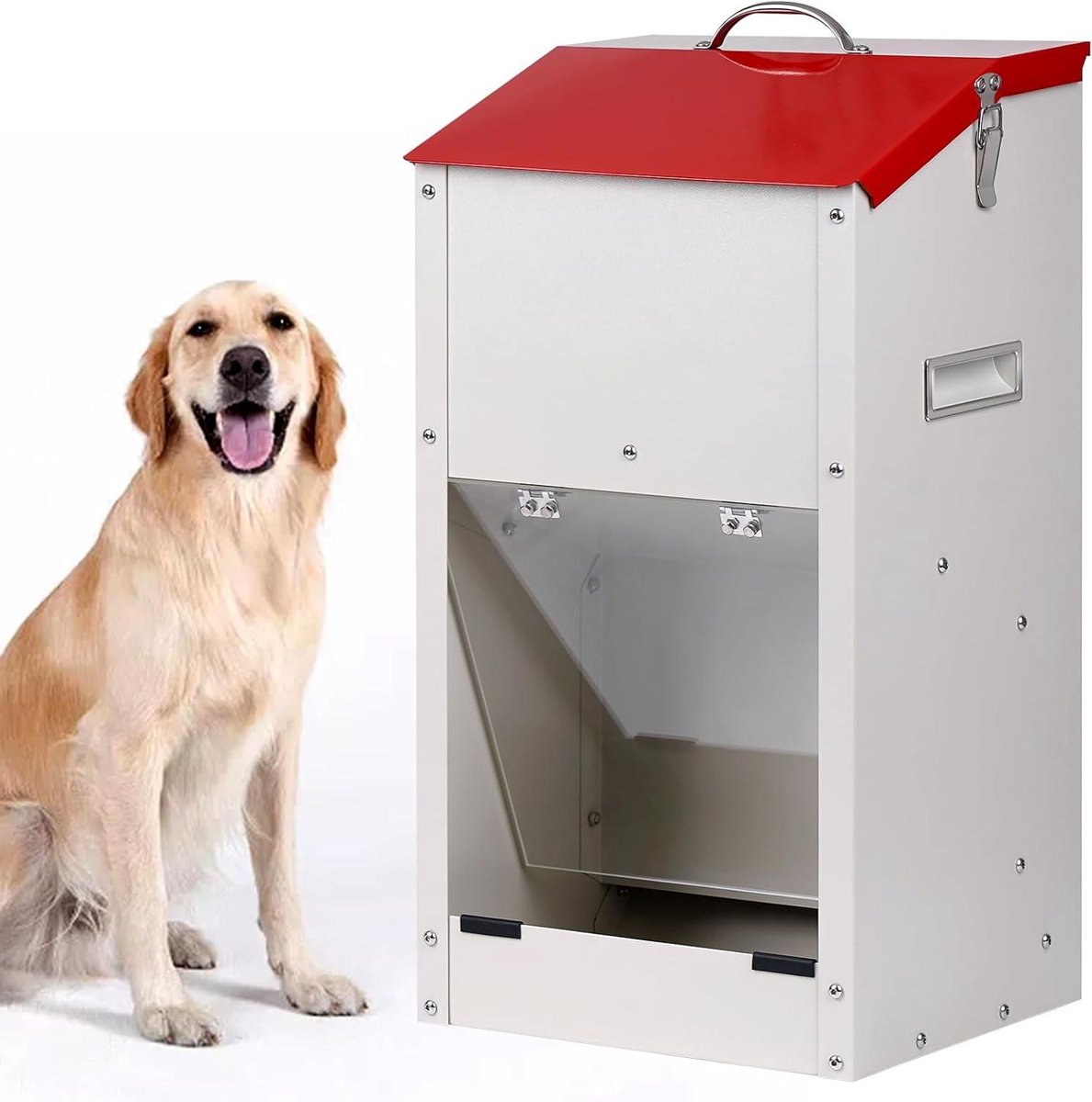 Automatische Hond Feeder - Honden Voedsel Dispenser - Grote Honden Voeren - Transparante Zichtdeur - 113 kg - Wit & Rood
