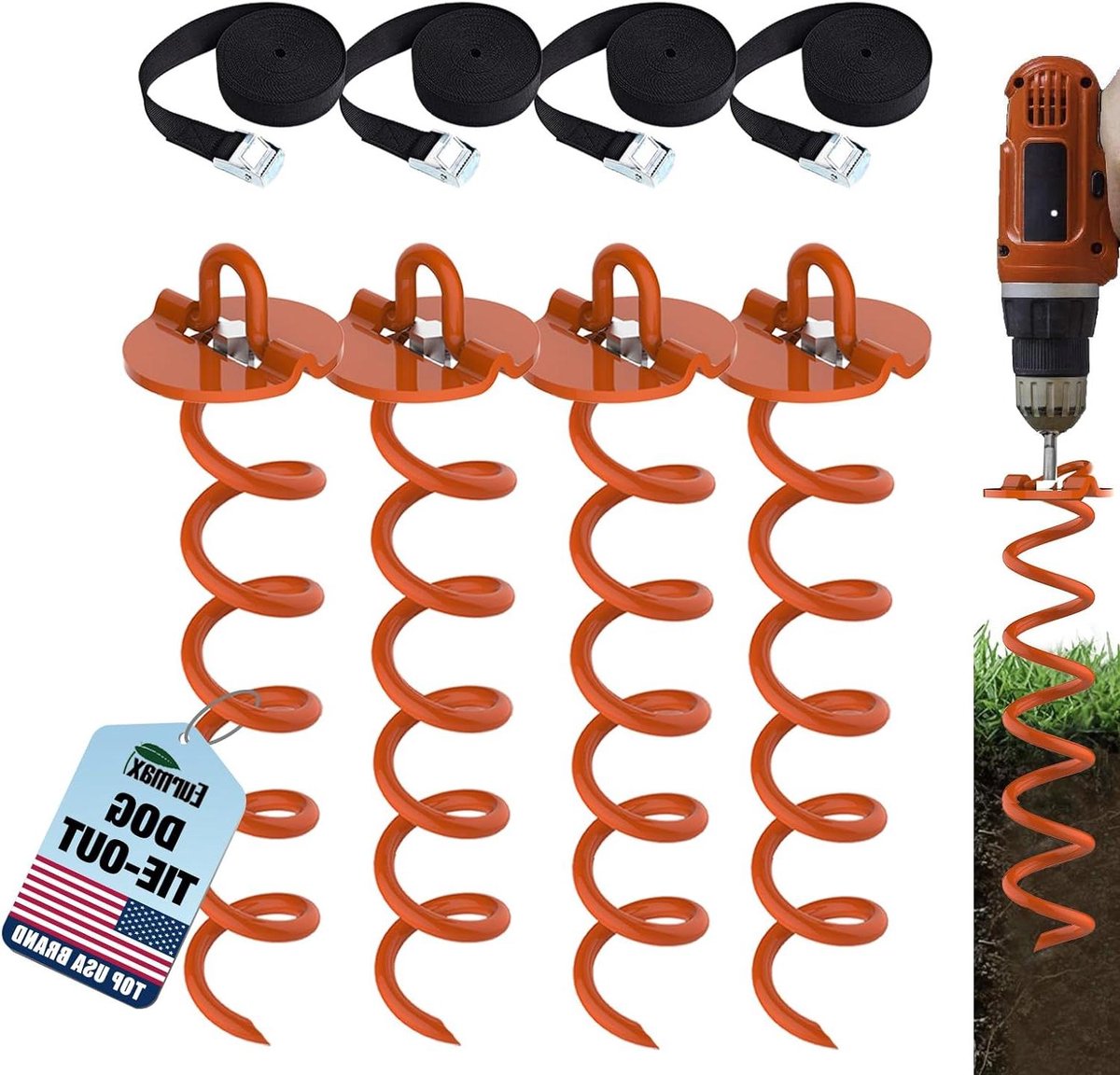 Trampoline Ankers - Grondhaken Set - Stabiliteit Vergroten - Zware Kwaliteit Spiral Design - 4 Stuks - Oranje