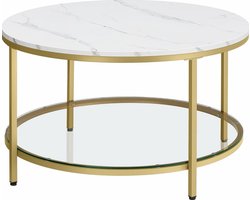Sierra, LCT071W59 Salontafel, woonkamertafel, voor woonkamer, met glazen blad, veel opbergruimte, eenvoudige montage, moderne stijl, marmeren wit-licht goud