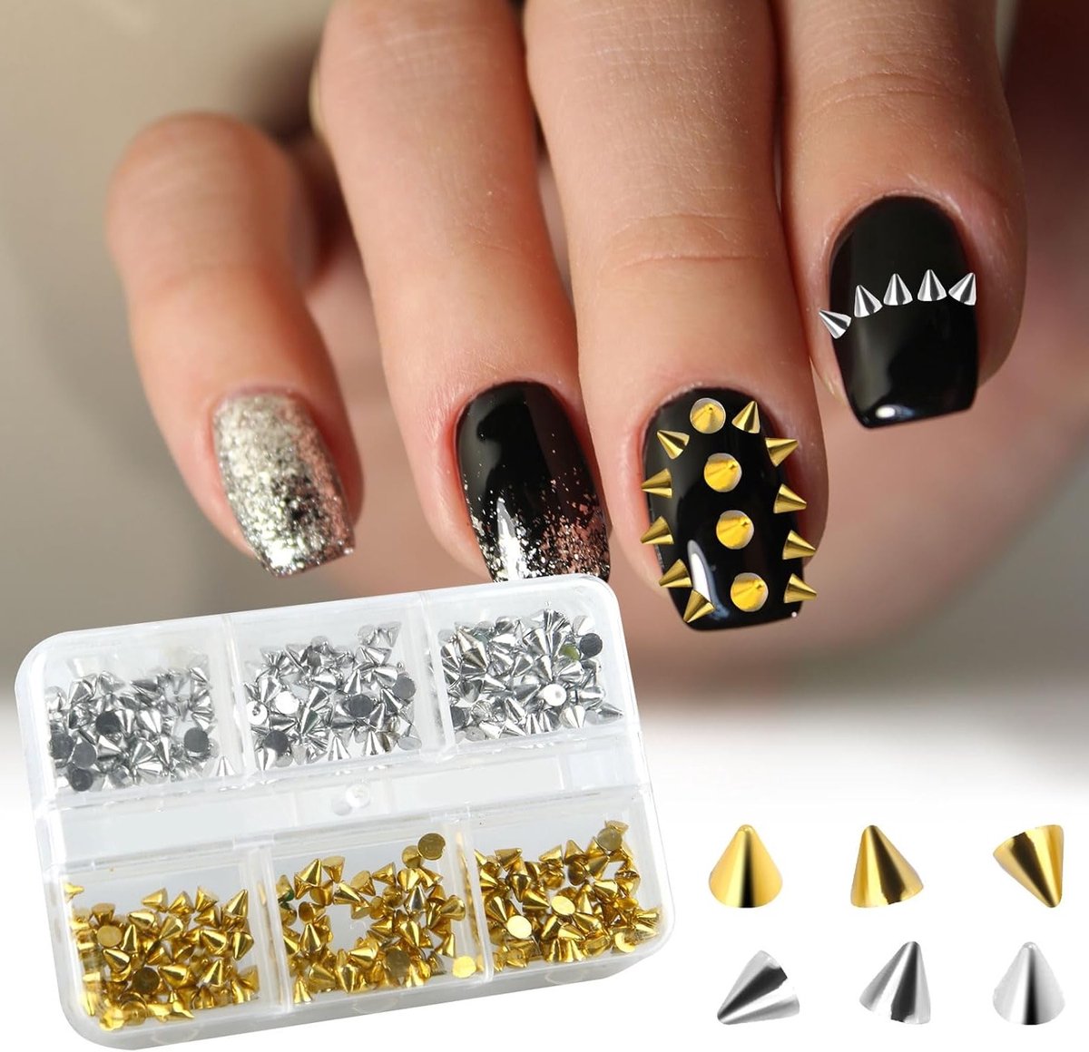 3D Mini Metal Punk Nail Studs - 300 Stuks, Gouden en Zilveren Spikes voor Goth Nagels, DIY Nagelaccessoires en Sieraden voor Vrouwen