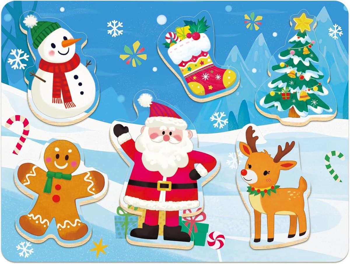 Kerstpuzzel Houten Puzzel - Puzzel Peuters - Fijne Motoriek Trainen - 6 Dikke Stukjes - 30 x 225 cm - Multicolor
