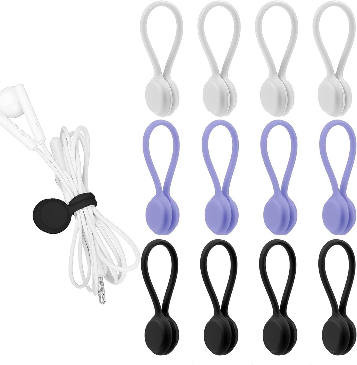 Set van 12 Magnetische Clips en Kabelbinders - Herbruikbare Siliconen Organiser voor Sleutels, Oordopjes en USB-kabels (Zwart, Wit en Grijs)