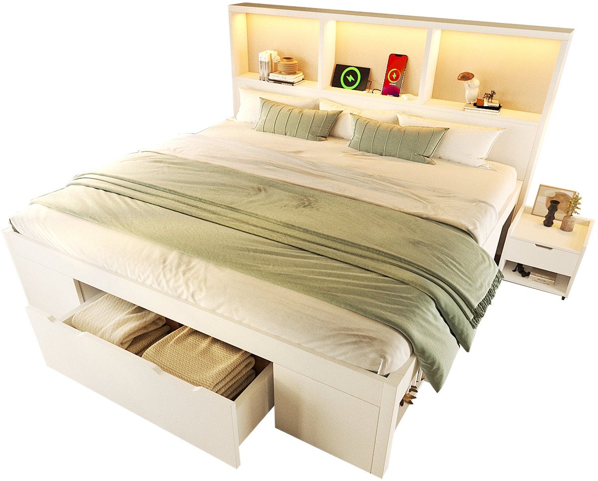 Merax Bed met Opbergruimte 140x190 cm - LED Verlichting met Afstandsbediening - USB en Type-C - Houten Lattenbodem - Met Lade en Verrijdbaar Nachtkastje - Wit