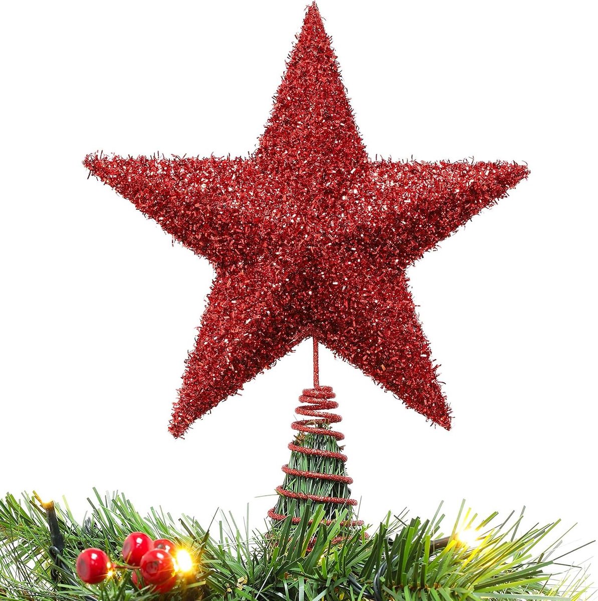 Boom Top Ster - Kerstboom piek - Kerstboom versieren - Fonkelend klatergoud ontwerp - 28 cm - Rood