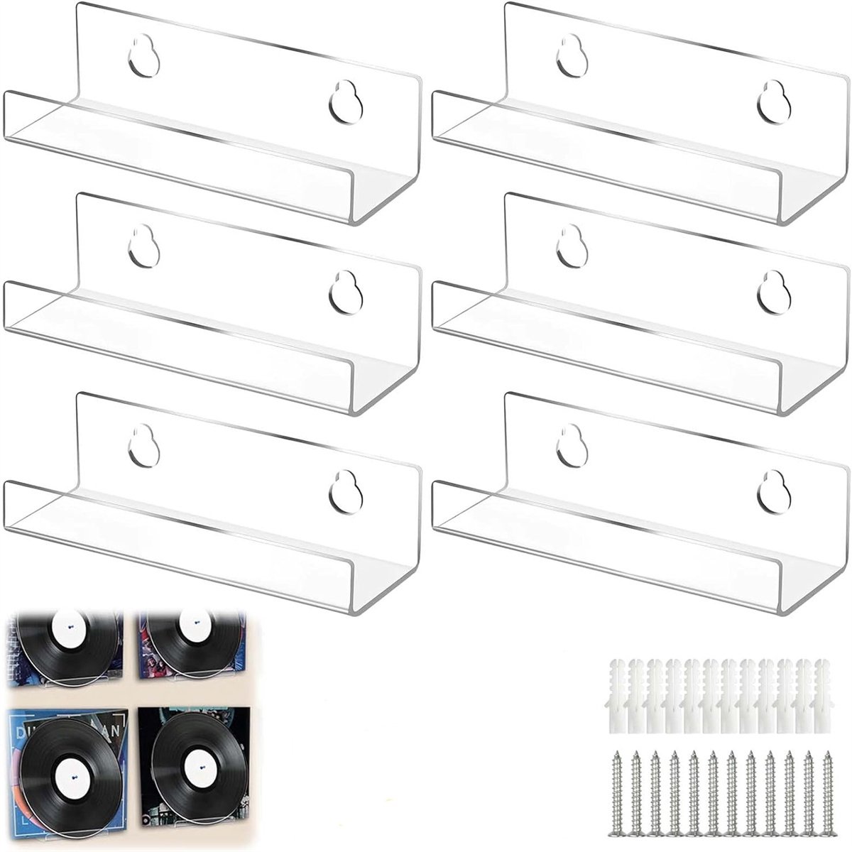 carmdering - vinyl plaat muurbeugels -Opbergsysteem Acryl- Vinyl Houder - Houder aan de Muur - Platen Standaard - Display - Vinyl Rek - Platenhouder - 6 Stuks - Transparant