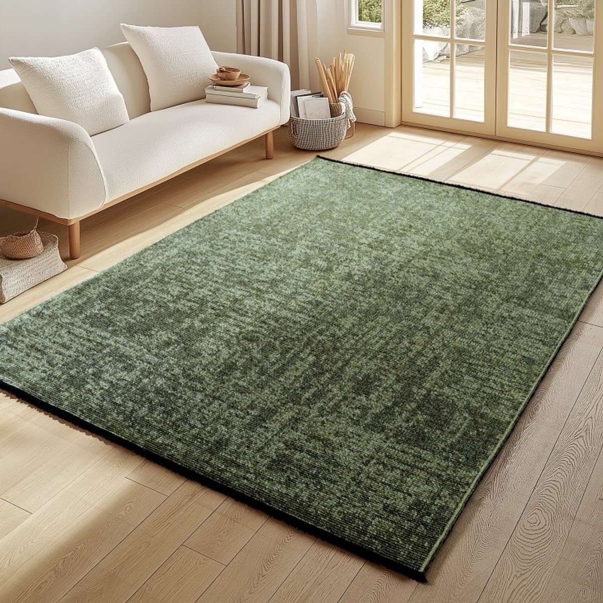 Binnenkleed, gemarmerd patroon, groene kleur, katoenen chenille, antislip, platgeweven. 240x340 cm