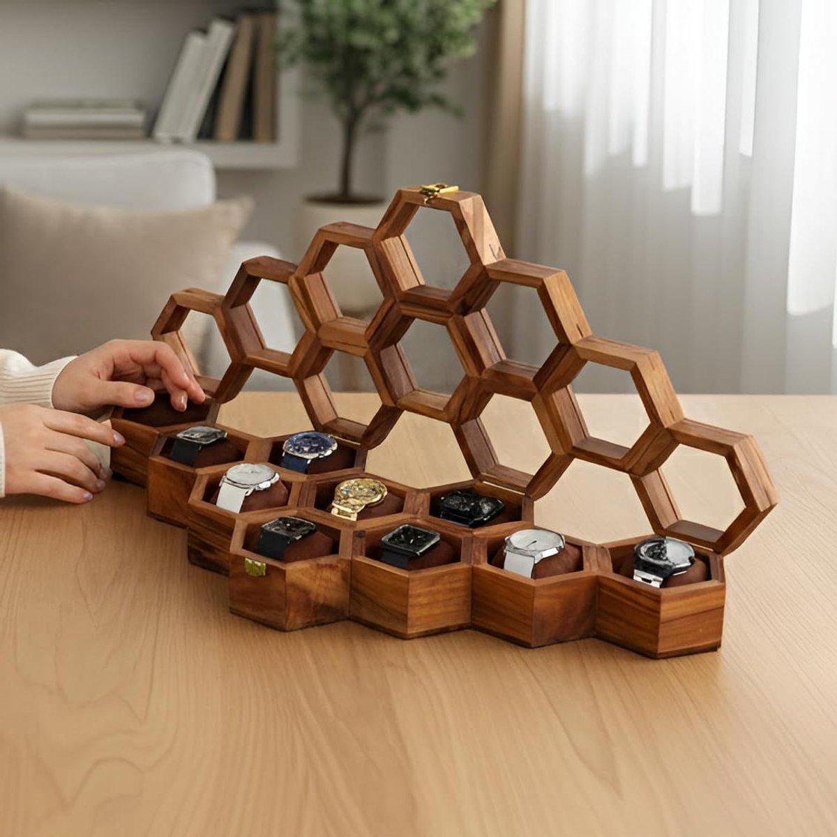 Houten Horlogedoos - Opbergdoos Organizer - Horloges Presenteren - Uniek Honingraatpatroon - 10 Vakken - Bruin