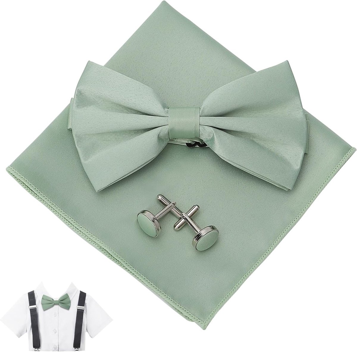 Elegante groene zijden vlinderdas met zakdoek en stijlvolle manchetknopen voor heren