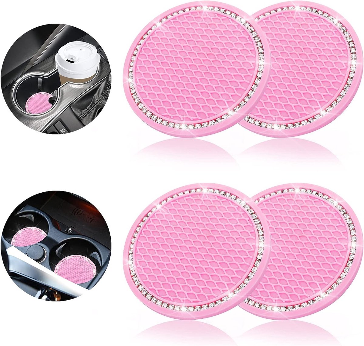 Bling Auto Onderzetters, Universele 2.75 x 2.75 Inch Silicone Coasters met Rhinestone, Antislip en Geschikt voor de Meeste Auto's