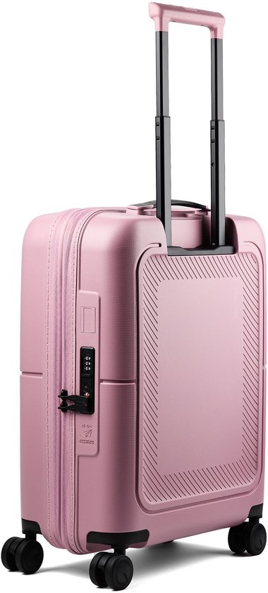 Roze American Tourister koffer met gestreept patroon, handvat, wielen en TSA-slot.