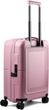 Roze American Tourister koffer met gestreept patroon, handvat, wielen en TSA-slot.