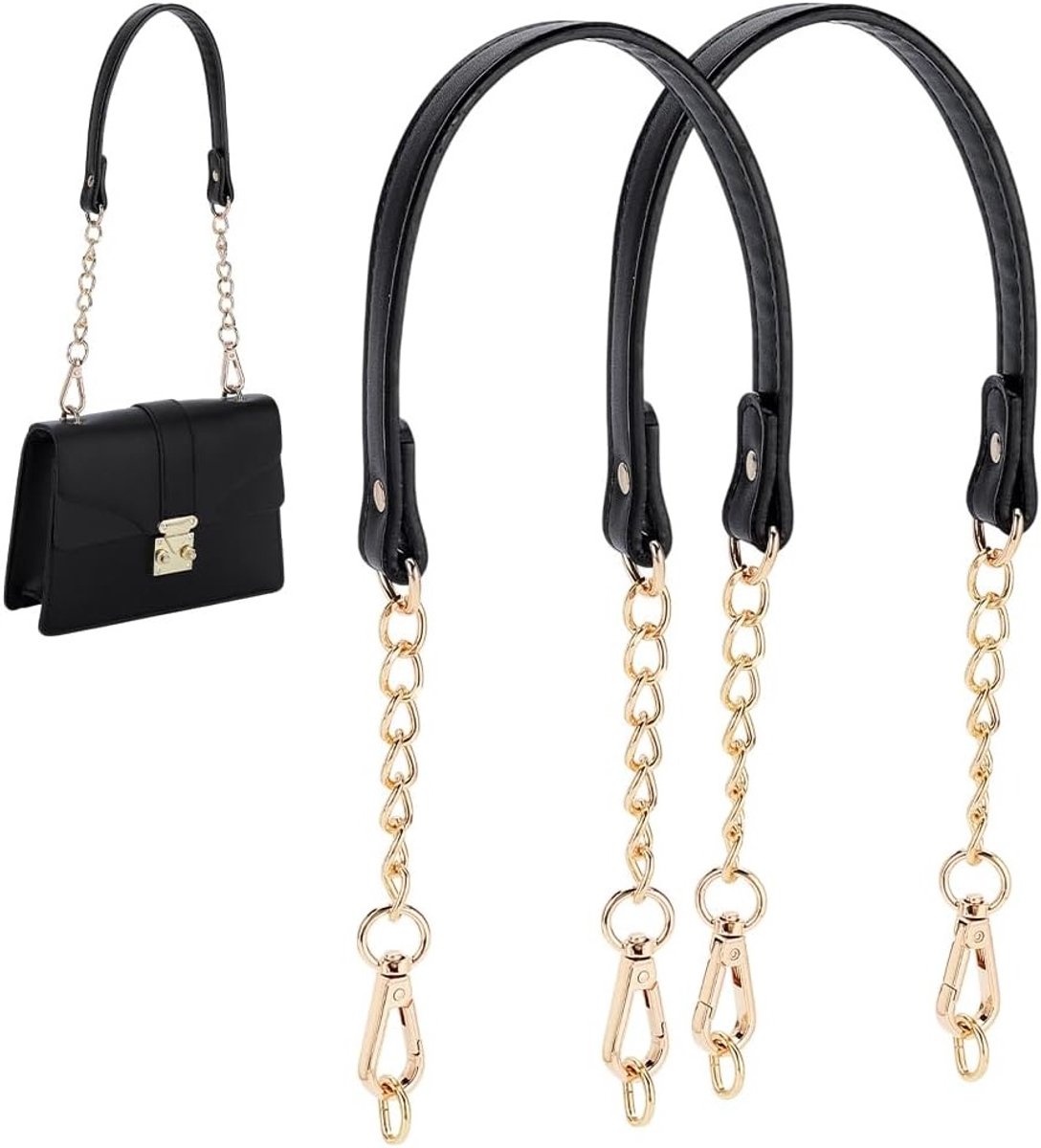2 Pack Zwarte-Gouden Leren Tas Handvatten met D-ring voor Schoudertassen en Handtassen, 58.5 cm lang, Ideaal voor DIY Clutch en Accessoires